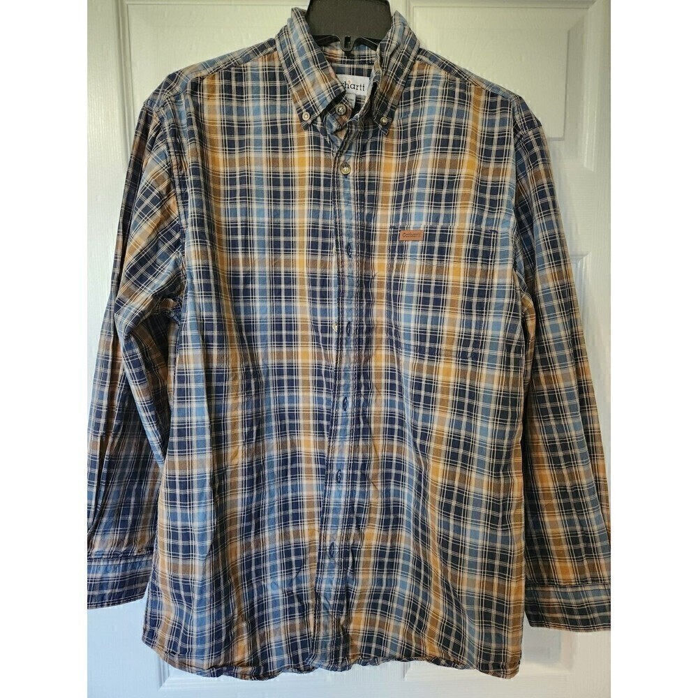 carhartt mens button down shirt sz m euc relaxed fit blue/tan plaid design
